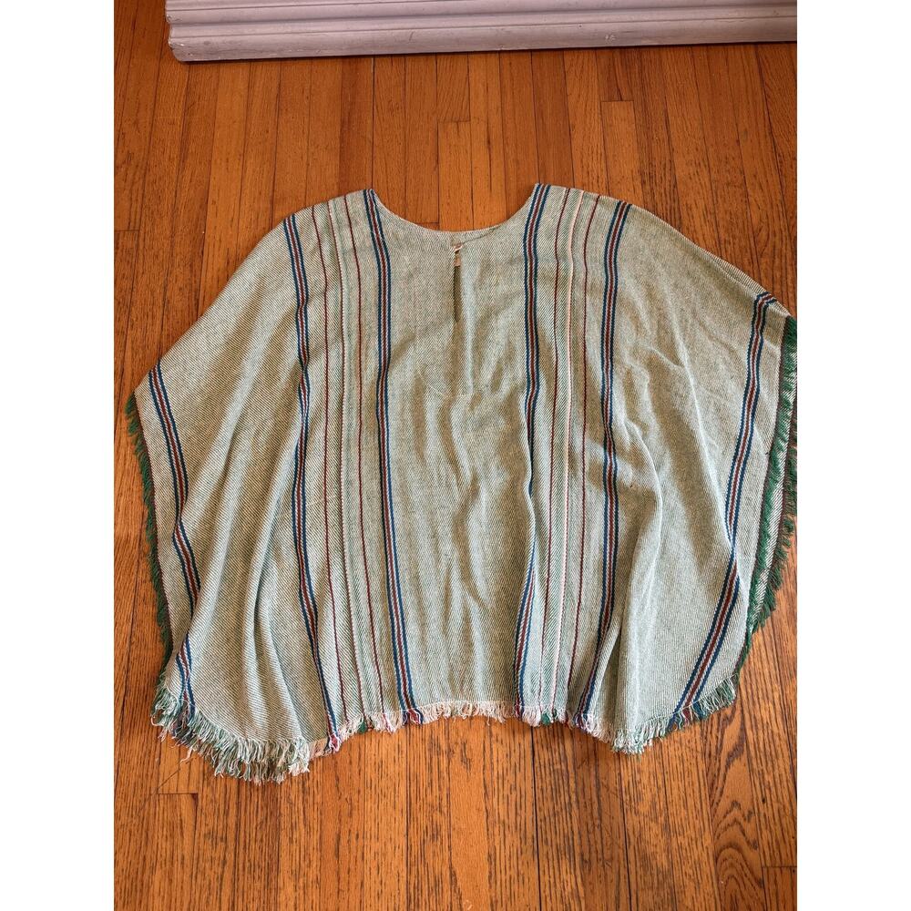 Jen's Pirate Booty Poncho Womens One Size Green Stripe Fringe Boho Serape Ruana